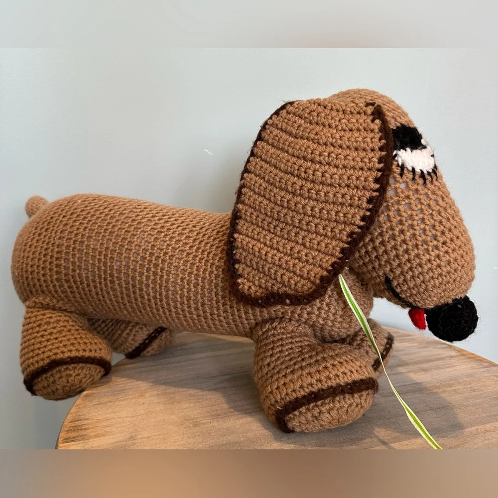 Handmade dachshund Holiday brown and black weenie dog with red collar crochet